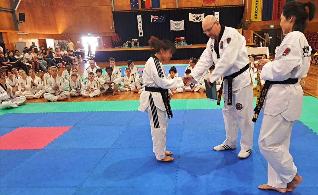 Sun Bae Korean Martial Art - Taekwondo Championship - Patterns, High Kick, Power Breaking, Roof Tiles, Kukkiwon, WT - World Taekwondo, Australia, Brisbane, Centres locations at Kenmore, Newmarket, The Gap, Middle Park, Mt Gravatt, Toowoomba, Grandmaster Bradley Tatnell. competition, white belt, yellow belt, blue belt, red belt, black belt, children, adults, male, female.