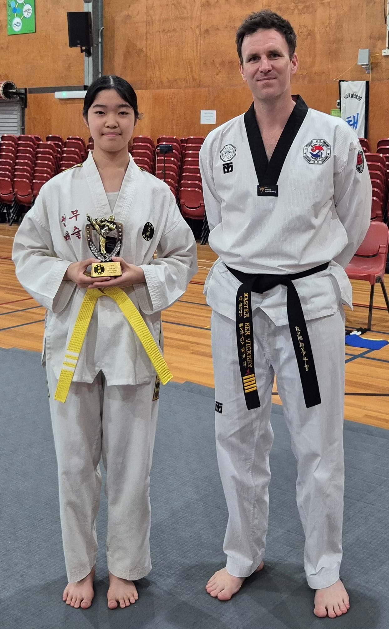 Yellow belt patterns champion: Sun Bae Korean Martial Art - Taekwondo Championship - Patterns, High Kick, Power Breaking, Roof Tiles, Kukkiwon, WT - World Taekwondo, Australia, Brisbane, Centres locations at Kenmore, Newmarket, The Gap, Middle Park, Mt Gravatt, Toowoomba, Grandmaster Bradley Tatnell. competition, white belt, yellow belt, blue belt, red belt, black belt, children, adults, male, female.