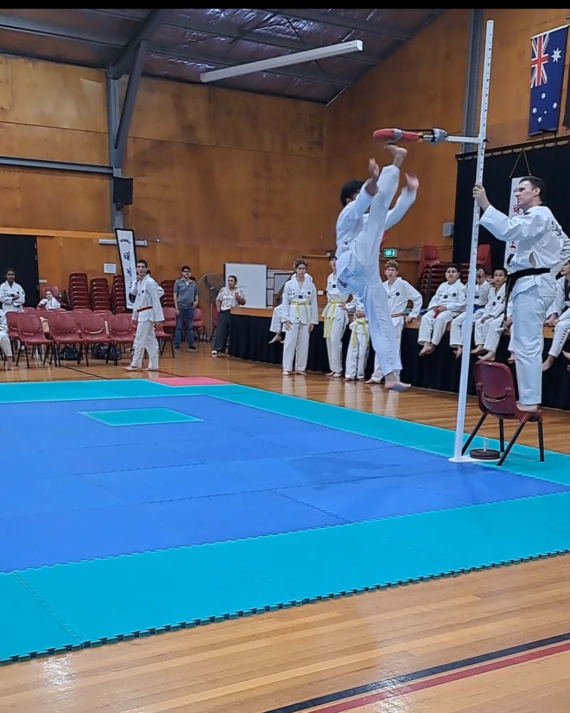 Highest kick: Sun Bae Korean Martial Art - Taekwondo Championship - Patterns, High Kick, Power Breaking, Roof Tiles, Kukkiwon, WT - World Taekwondo, Australia, Brisbane, Centres locations at Kenmore, Newmarket, The Gap, Middle Park, Mt Gravatt, Toowoomba, Grandmaster Bradley Tatnell. competition, white belt, yellow belt, blue belt, red belt, black belt, children, adults, male, female.