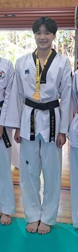 Male highest kick, Sam Yang, Champion, Sun Bae Korean Martial Art - Taekwondo Championship - Patterns, High Kick, Power Breaking, Roof Tiles, Kukkiwon, WT - World Taekwondo, Australia, Brisbane, Centres locations at Kenmore, Newmarket, The Gap, Middle Park, Mt Gravatt, Toowoomba, Grandmaster Bradley Tatnell. competition, white belt, yellow belt, blue belt, red belt, black belt, children, adults, male, female.