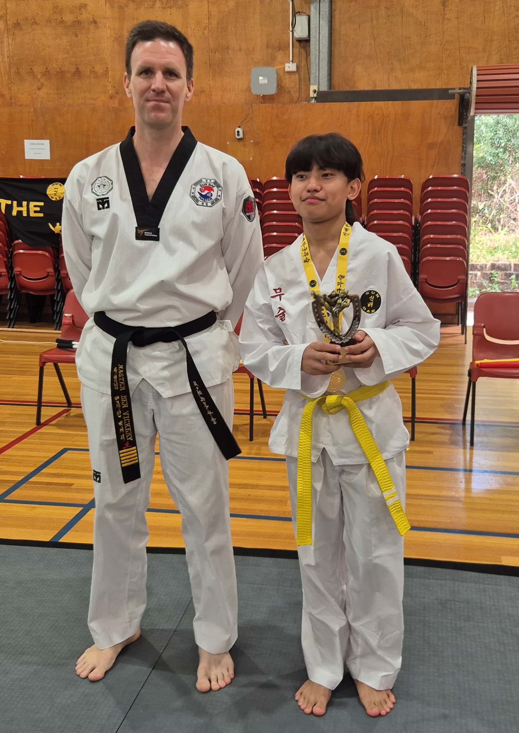 Yellow belt patterns champion: Sun Bae Korean Martial Art - Taekwondo Championship - Patterns, High Kick, Power Breaking, Roof Tiles, Kukkiwon, WT - World Taekwondo, Australia, Brisbane, Centres locations at Kenmore, Newmarket, The Gap, Middle Park, Mt Gravatt, Toowoomba, Grandmaster Bradley Tatnell. competition, white belt, yellow belt, blue belt, red belt, black belt, children, adults, male, female.