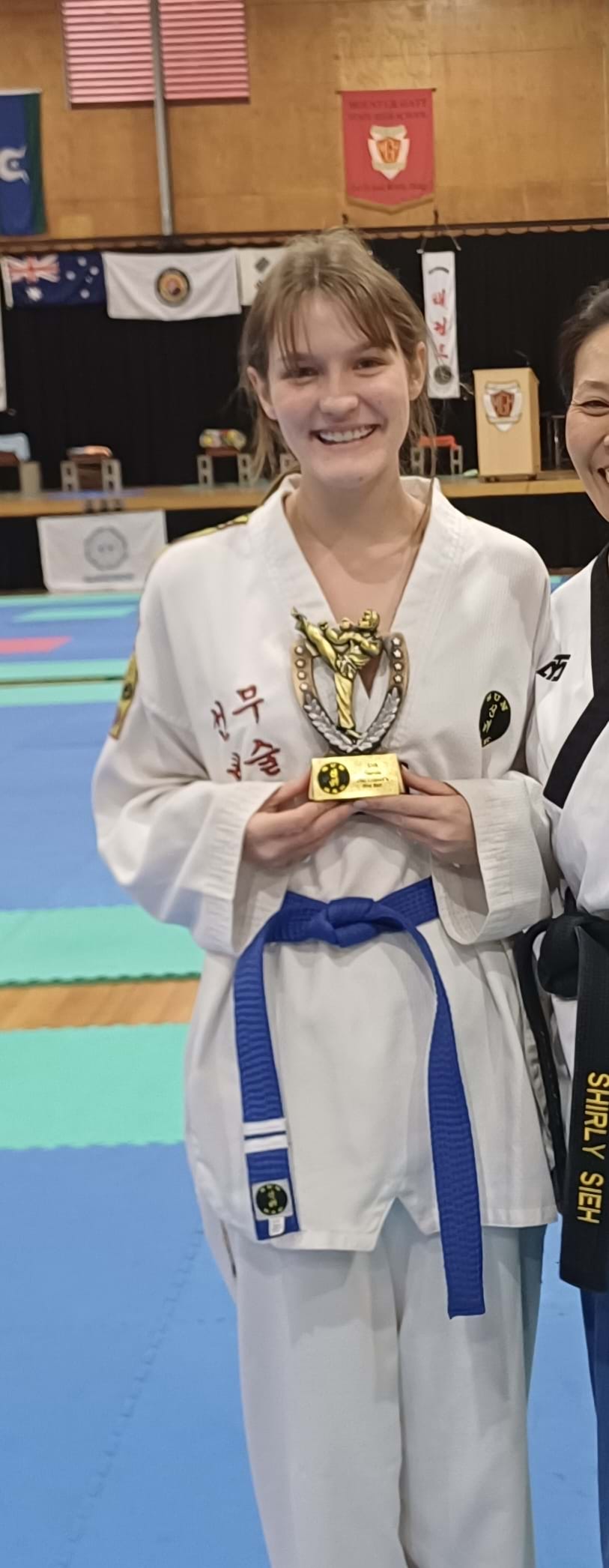 Blue belt patterns champion: Sun Bae Korean Martial Art - Taekwondo Championship - Patterns, High Kick, Power Breaking, Roof Tiles, Kukkiwon, WT - World Taekwondo, Australia, Brisbane, Centres locations at Kenmore, Newmarket, The Gap, Middle Park, Mt Gravatt, Toowoomba, Grandmaster Bradley Tatnell. competition, white belt, yellow belt, blue belt, red belt, black belt, children, adults, male, female.