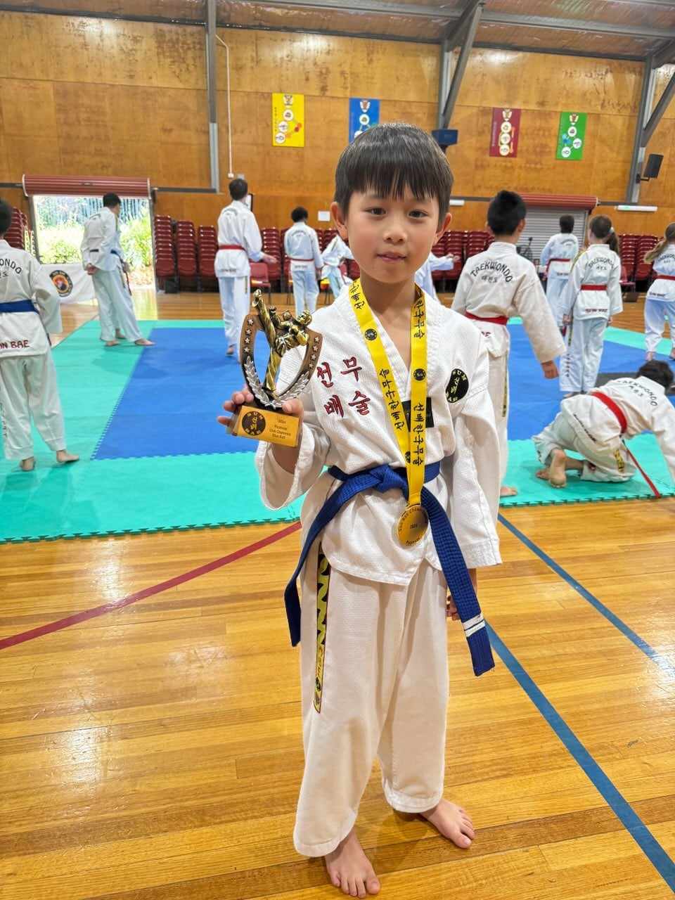 Blue belt patterns champion: Sun Bae Korean Martial Art - Taekwondo Championship - Patterns, High Kick, Power Breaking, Roof Tiles, Kukkiwon, WT - World Taekwondo, Australia, Brisbane, Centres locations at Kenmore, Newmarket, The Gap, Middle Park, Mt Gravatt, Toowoomba, Grandmaster Bradley Tatnell. competition, white belt, yellow belt, blue belt, red belt, black belt, children, adults, male, female.