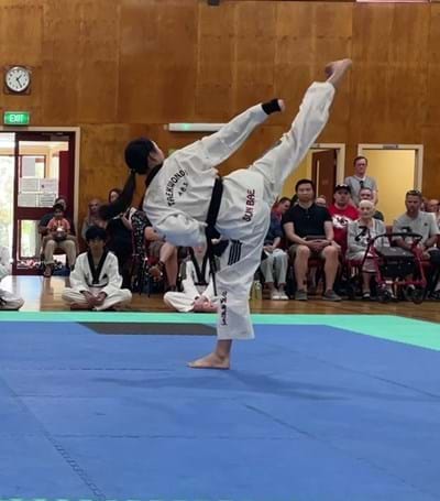 Sun Bae Korean Martial Arts — Taekwondo Club Championship report in full. Annual competition includes patterns, power breaking on roof tiles, highest kick for white belts, yellow belts, blue belts, red belts and black belts. 2023.