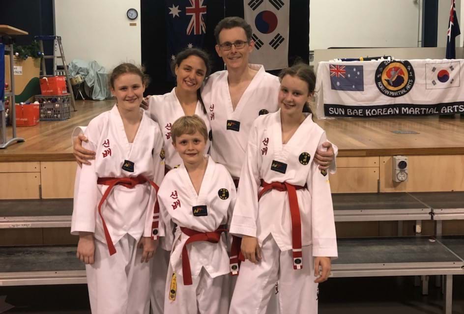 The Welch Family: Dad Adam (1st Dan Bo), Jess (1st Gup), Mum Christine (1st Gup), Sam (1st Gup), Jack (2nd Gup)