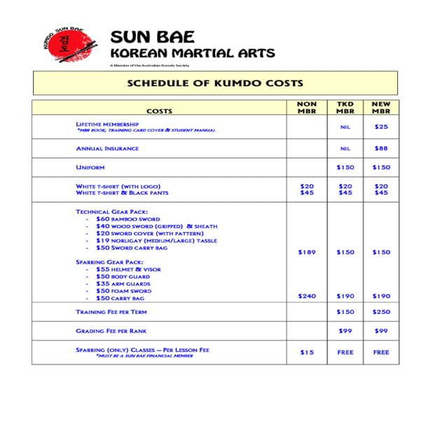 Costs Martial Arts Training & Grading Sun Bae Kumdo