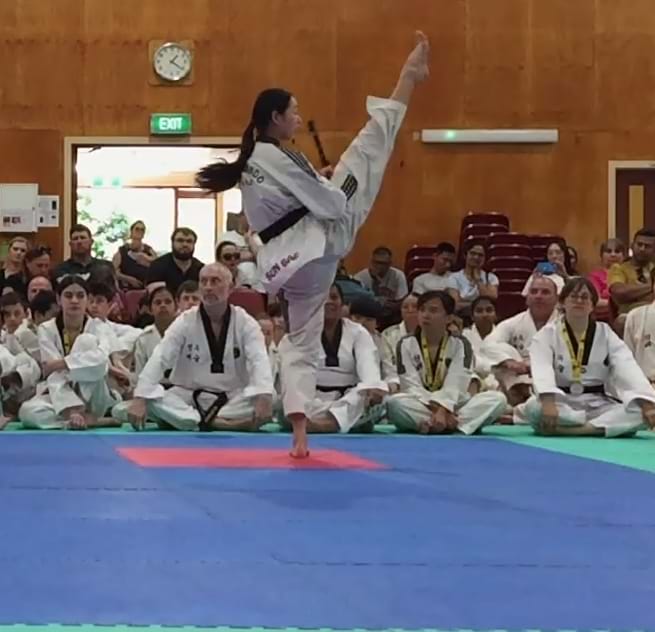 Hannah Yang, Champion, Black belt patterns champion: Sun Bae Korean Martial Art - Taekwondo Championship - Patterns, High Kick, Power Breaking, Roof Tiles, Kukkiwon, WT - World Taekwondo, Australia, Brisbane, Centres locations at Kenmore, Newmarket, The Gap, Middle Park, Mt Gravatt, Toowoomba, Grandmaster Bradley Tatnell. competition, white belt, yellow belt, blue belt, red belt, black belt, children, adults, male, female.